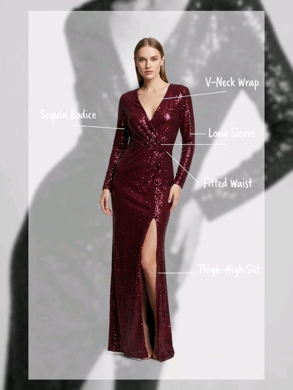 Fashion Nova Burgundy Sequin V-Neck Maxi Gown